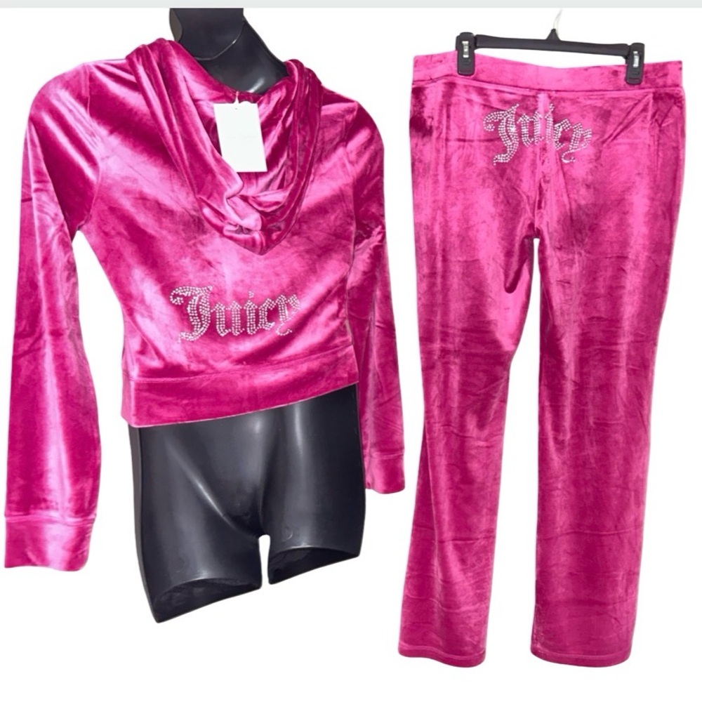 JUICY COUTURE FUCHSIA FESTIVAL BLING RHINESTONE VELOUR TRACKSUIT SWEATSUIT NWT